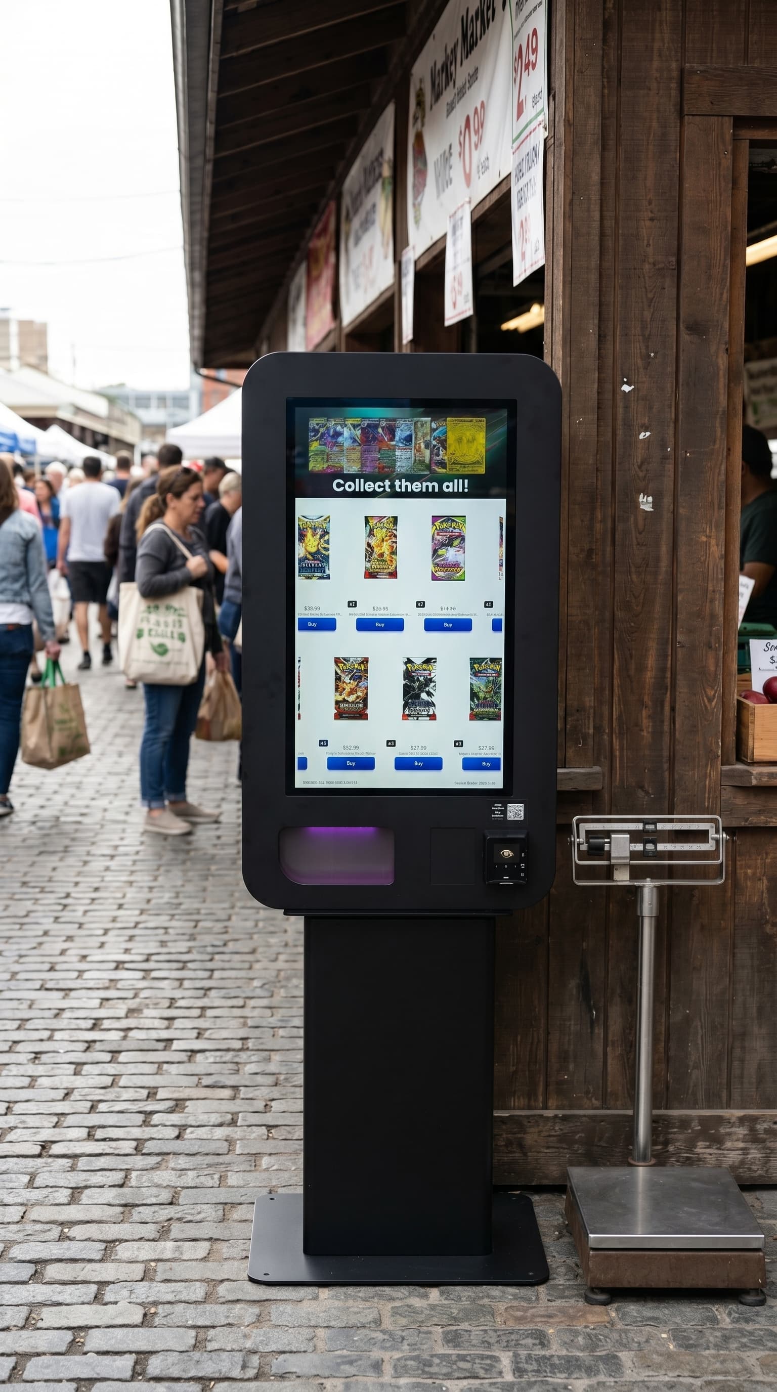 Salish trading-card vending machine at a farmers market